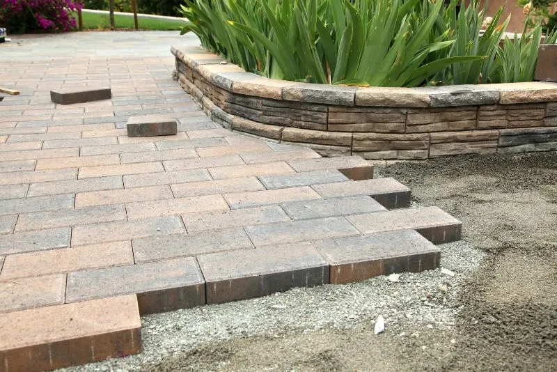 Concrete paving and steps with garden landscaping