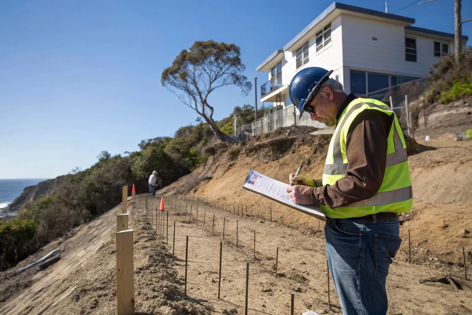 Construction worker reviewing foundation layout drawings on a sloped residential site