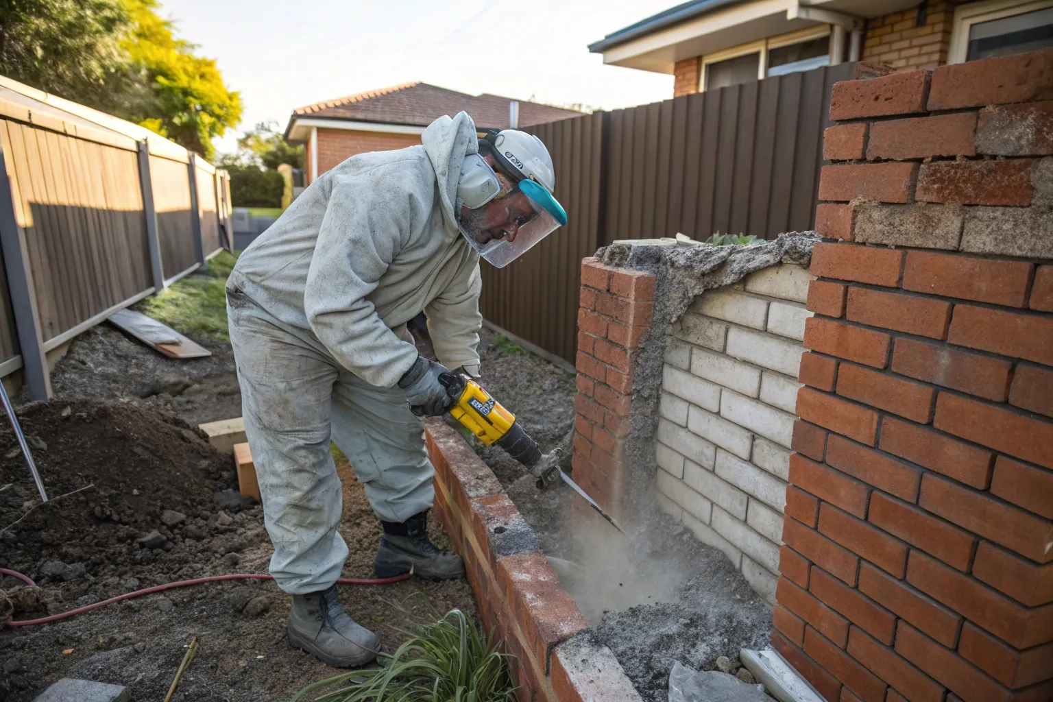 Demolition worker in PPE performing hand demolition of concrete structure near boundary fence