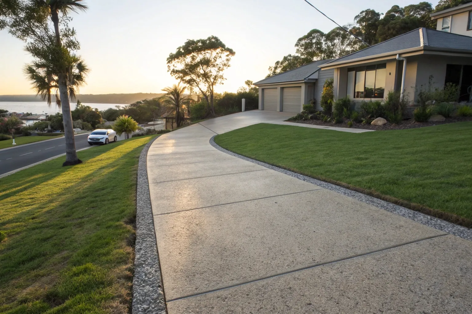 Freshly poured exposed aggregate concrete driveway at a residential home in Tweed Heads