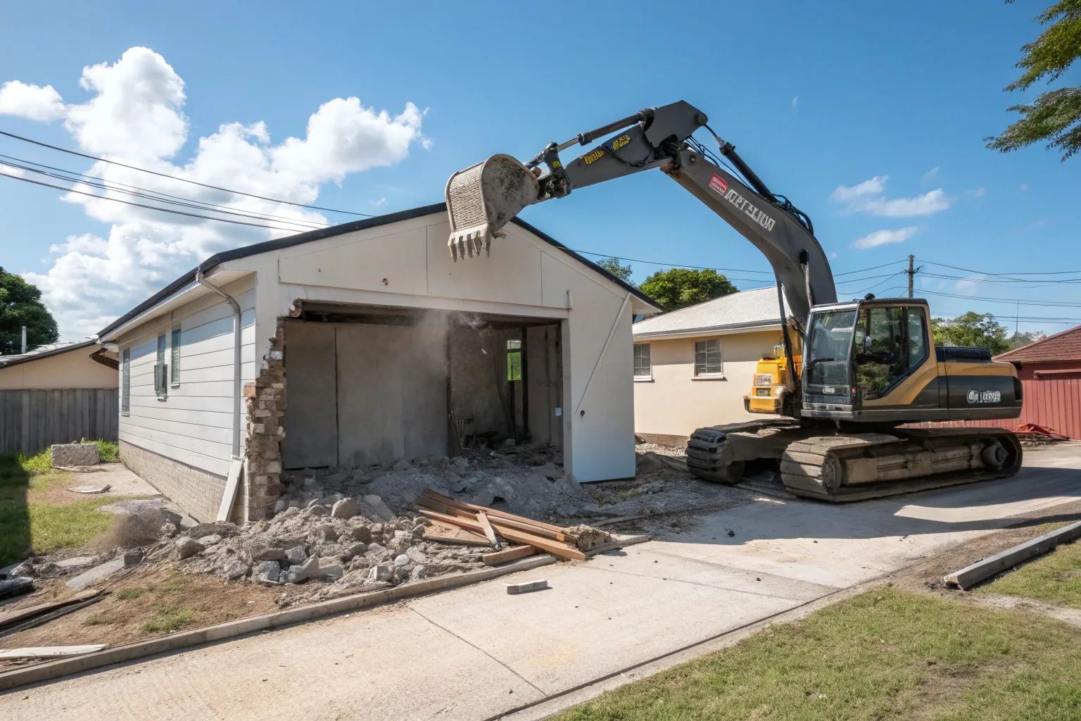 Hydraulic excavator demolishing concrete garage structure on residential property in Tweed Heads