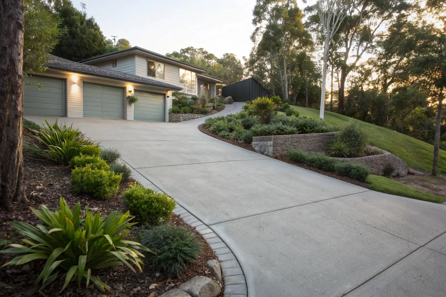 Broom finish concrete driveway on a sloped residential block in Tweed Heads