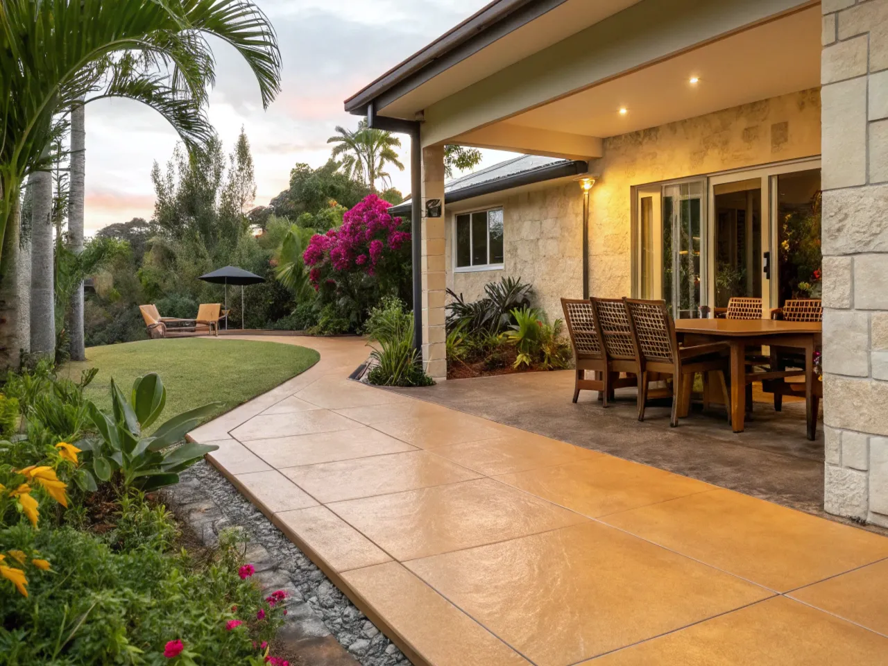 Coloured Concrete Entertaining Slab In A Warm Ochr