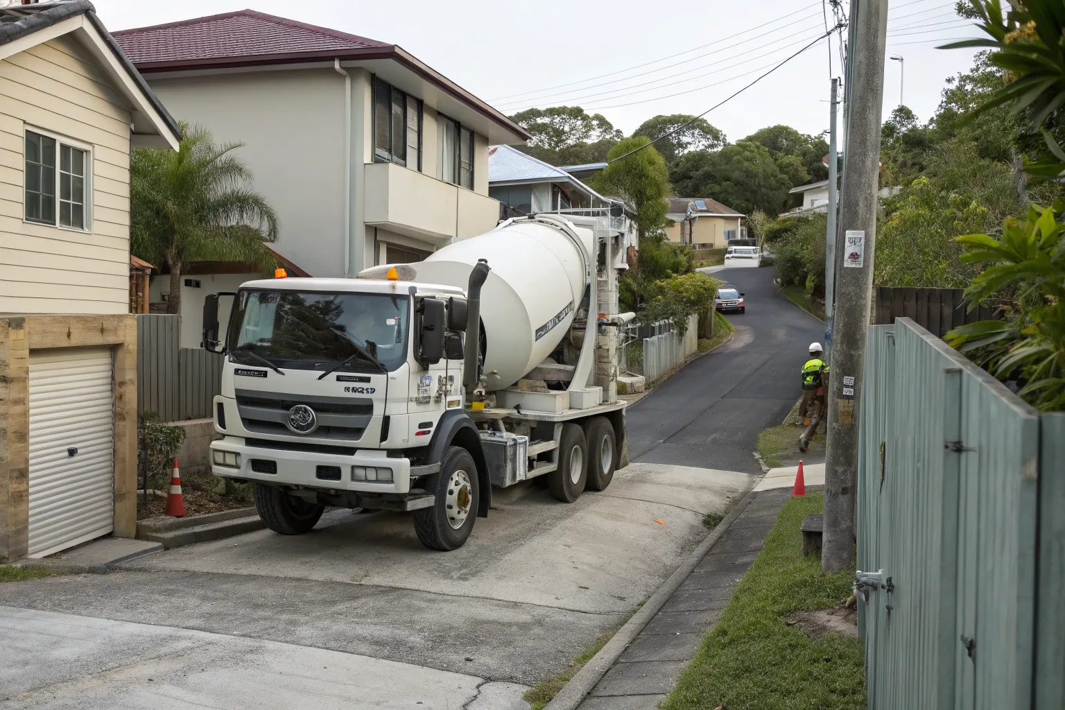 Concrete Delivery Truck Navigating A Narrow Street