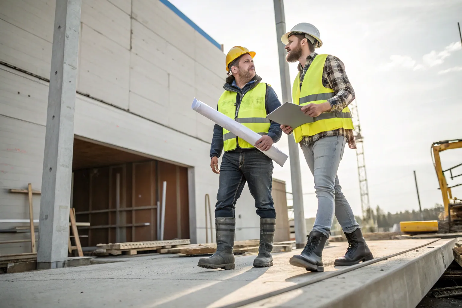 Concreter discussing project plans with a site supervisor on a commercial construction site