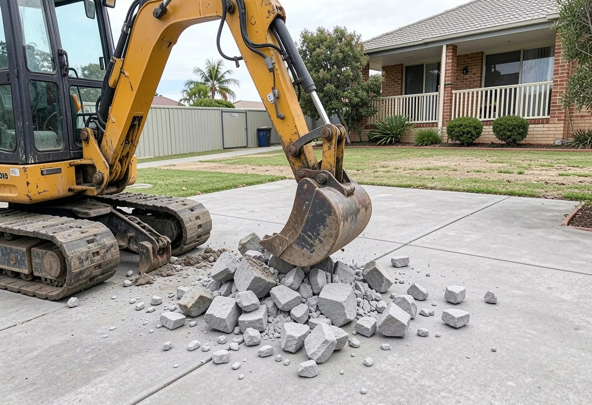 Mini Excavator Breaking Up An Old Grey Concrete Demolition On A Residential